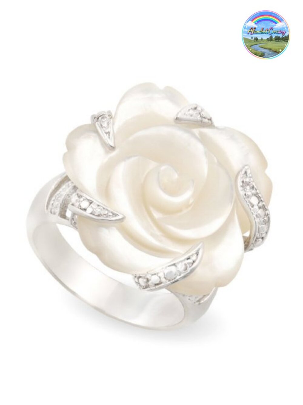 Rhodium Plated Mother of Pearl Flower Cubic Zirconia Cocktail Ring